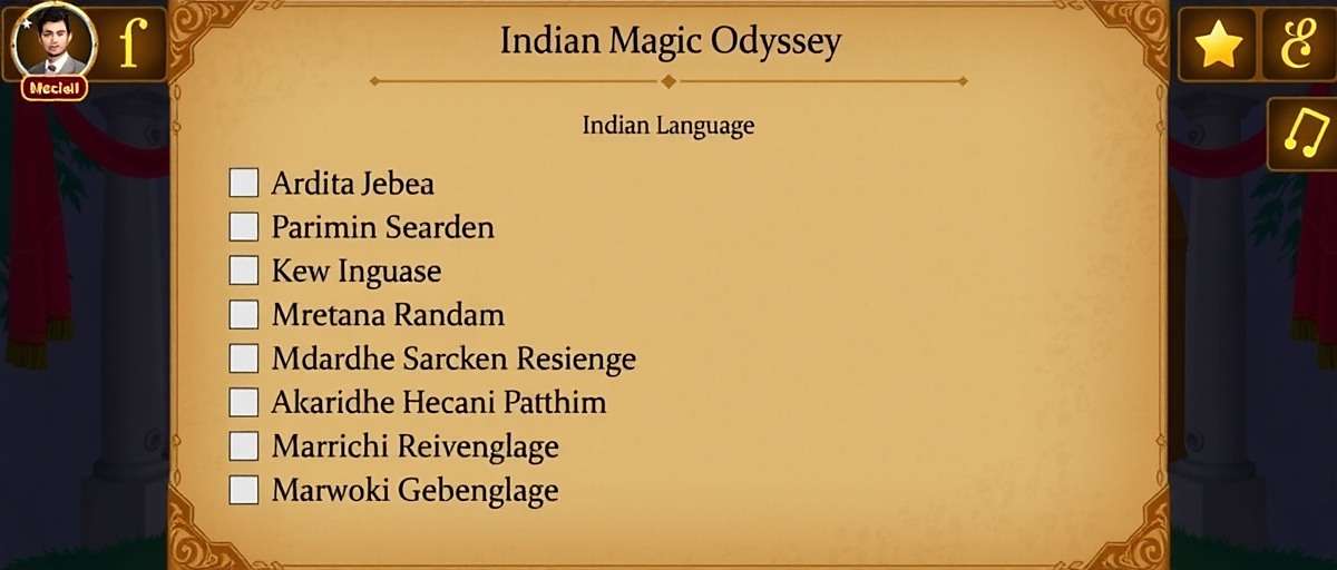 Fennel Magic Odyssey Language Localization Fennel Magic Odyssey language selection interface showing various Indian language options