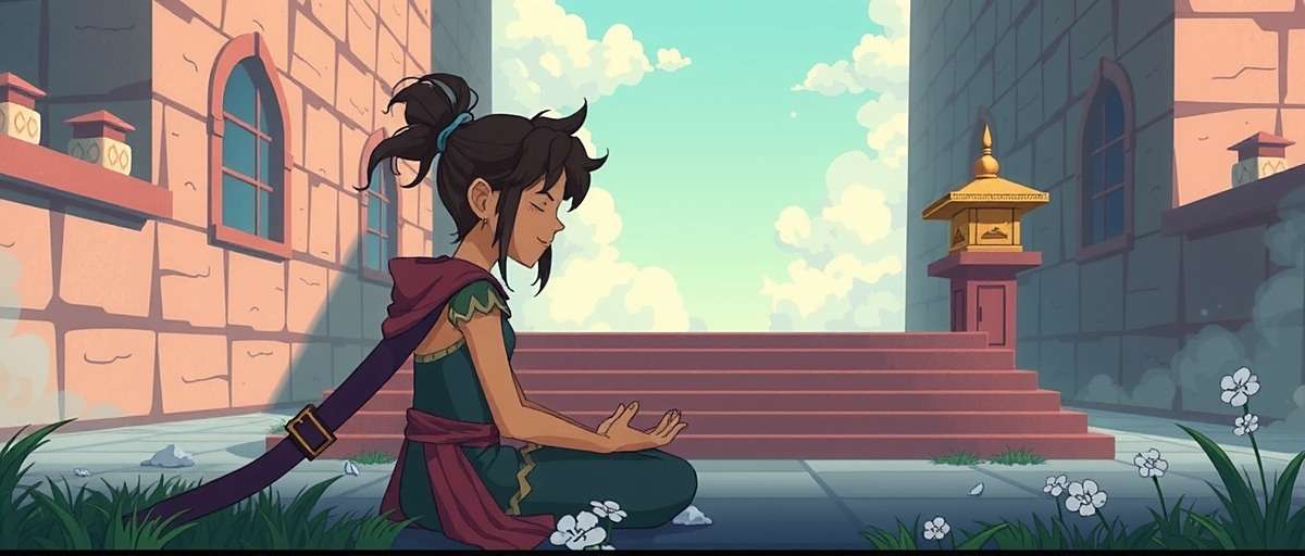 Fennel Magic Odyssey Meditation at Sacred Site Fennel Magic Odyssey screenshot showing a player character meditating at a temple to increase spiritual power